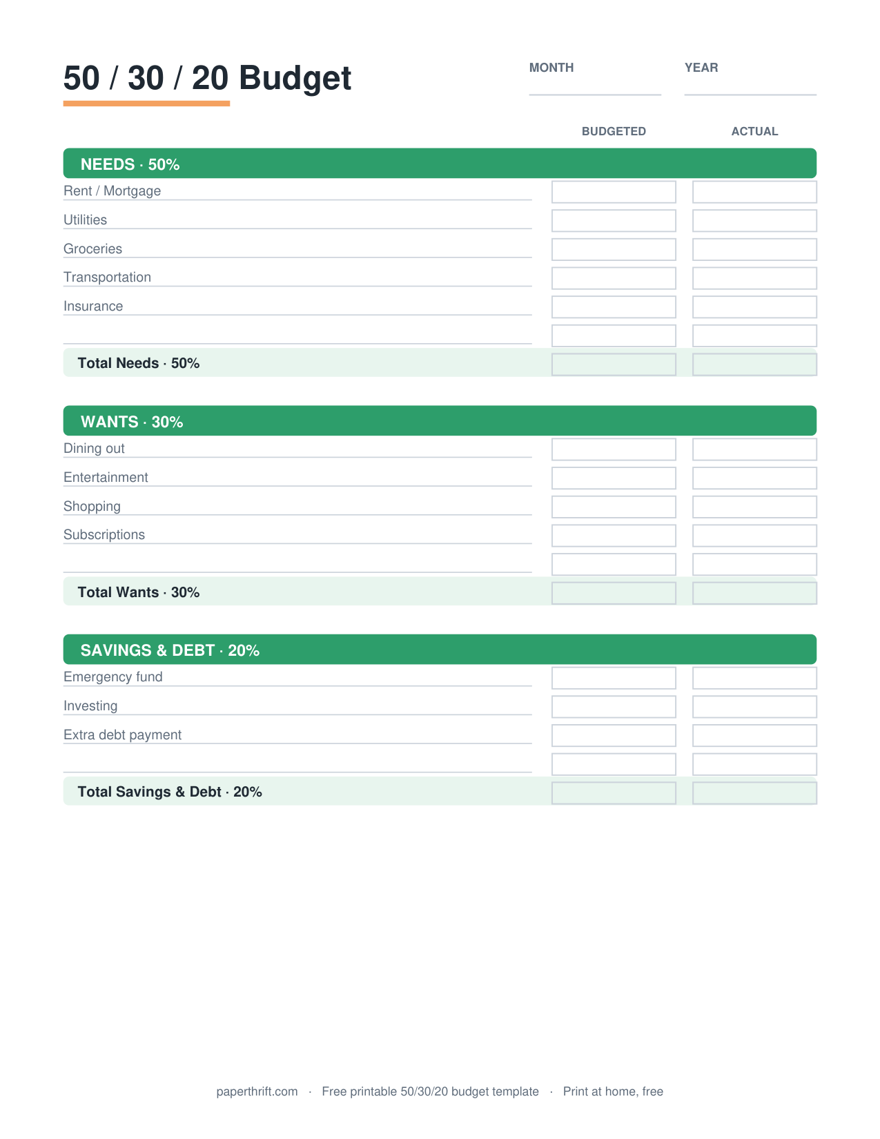 50/30/20 Budget printable preview